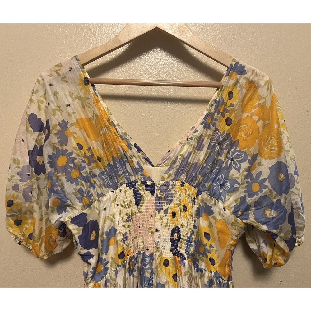 Other Stories Floral Puff Sleeve Tiered Maxi Dress Yellow Blue Orange Romantic 6 - Picture 10 of 16